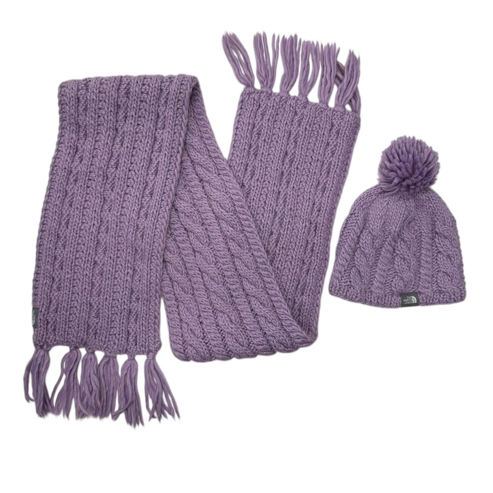 The North Face Purple Cable Knit Wool Blend Scarf and Pom Beanie Set‎ One Size